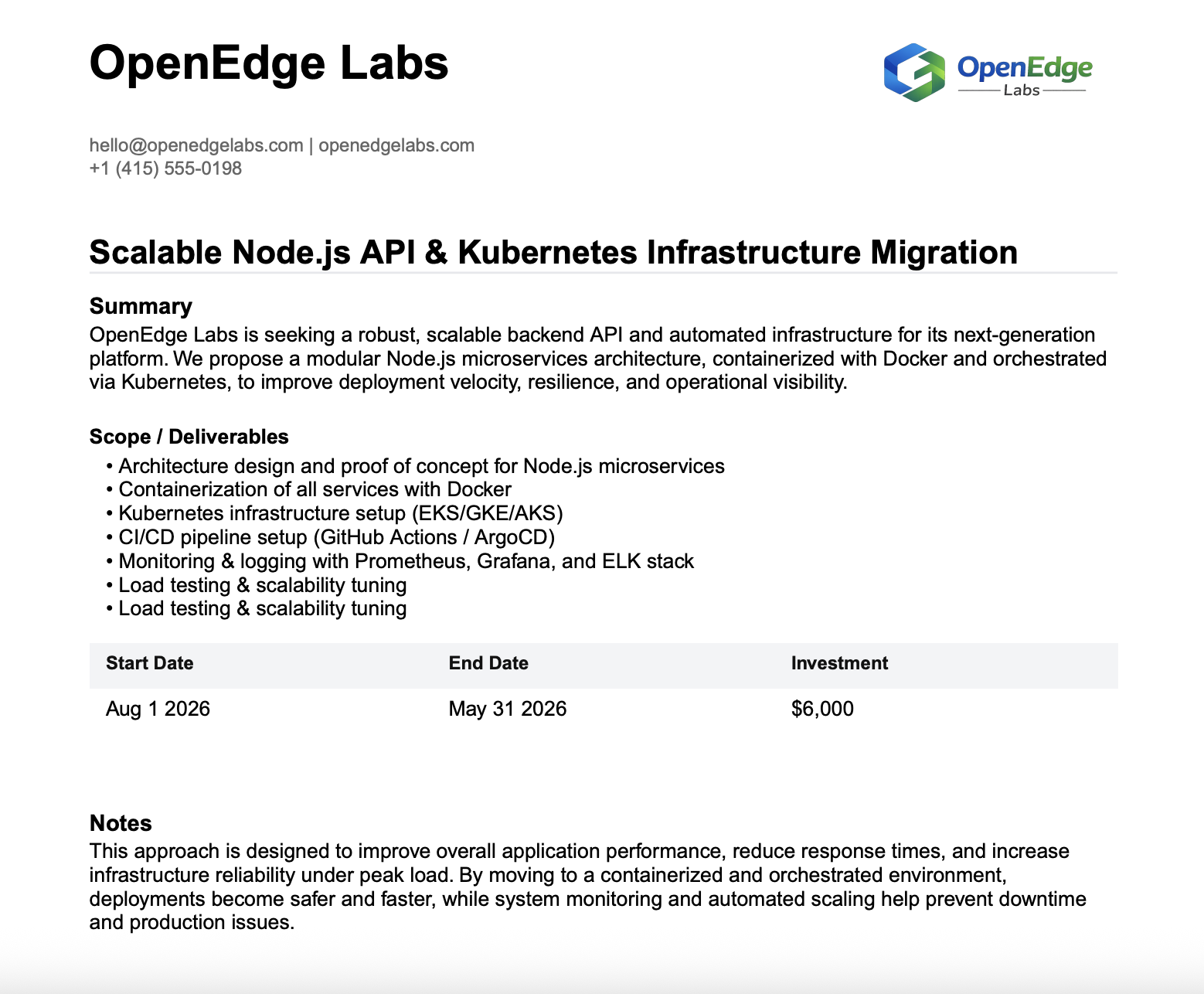 Client-ready one-page proposal PDF example for software and DevOps consulting
