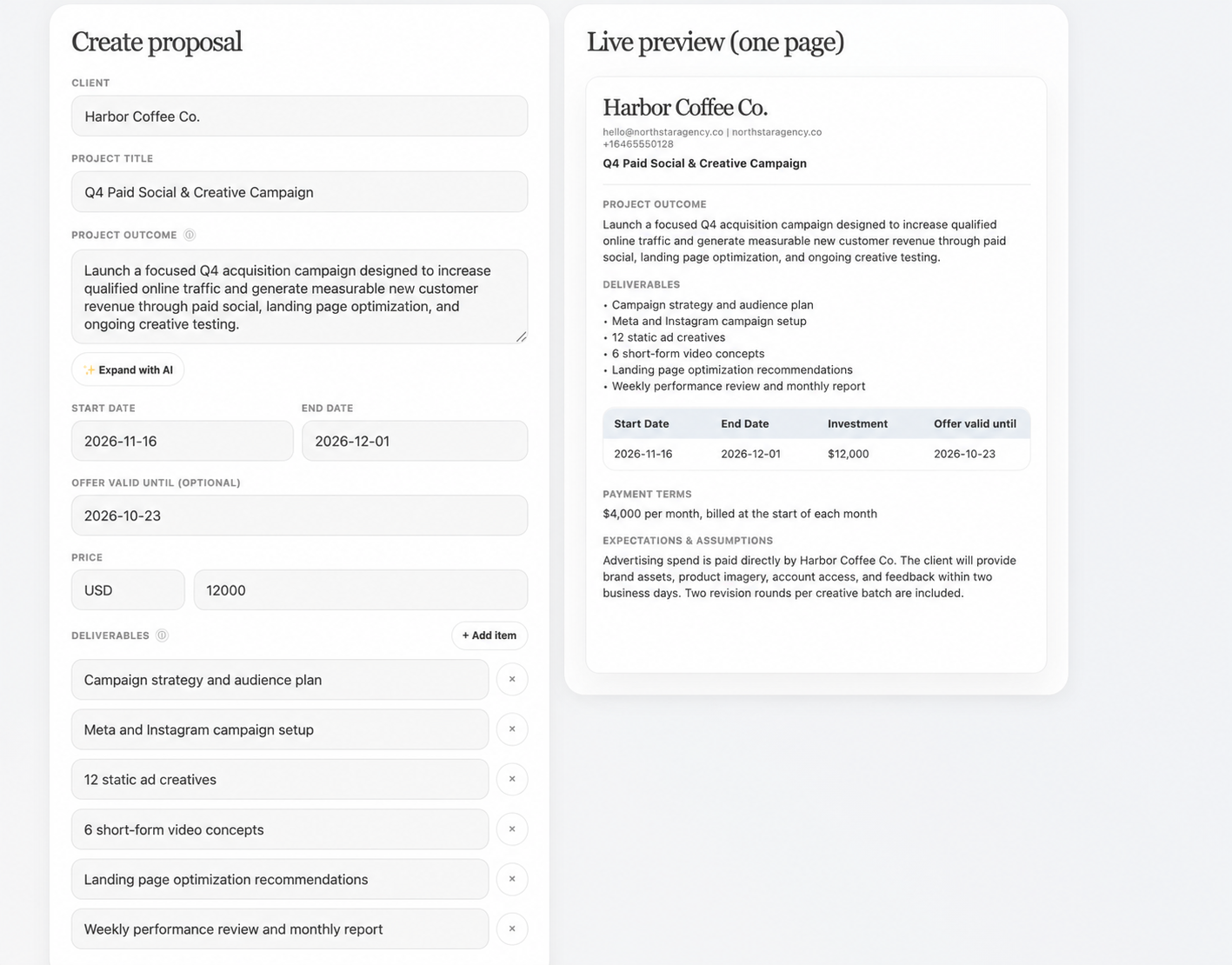 Sanitized CleanProposal app screenshot showing Paid social campaign for Harbor Coffee Co.