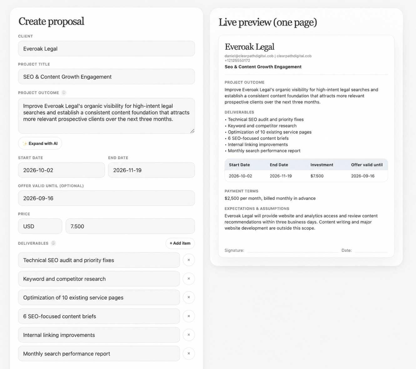 Sanitized CleanProposal app screenshot showing SEO and content engagement for Everoak Legal