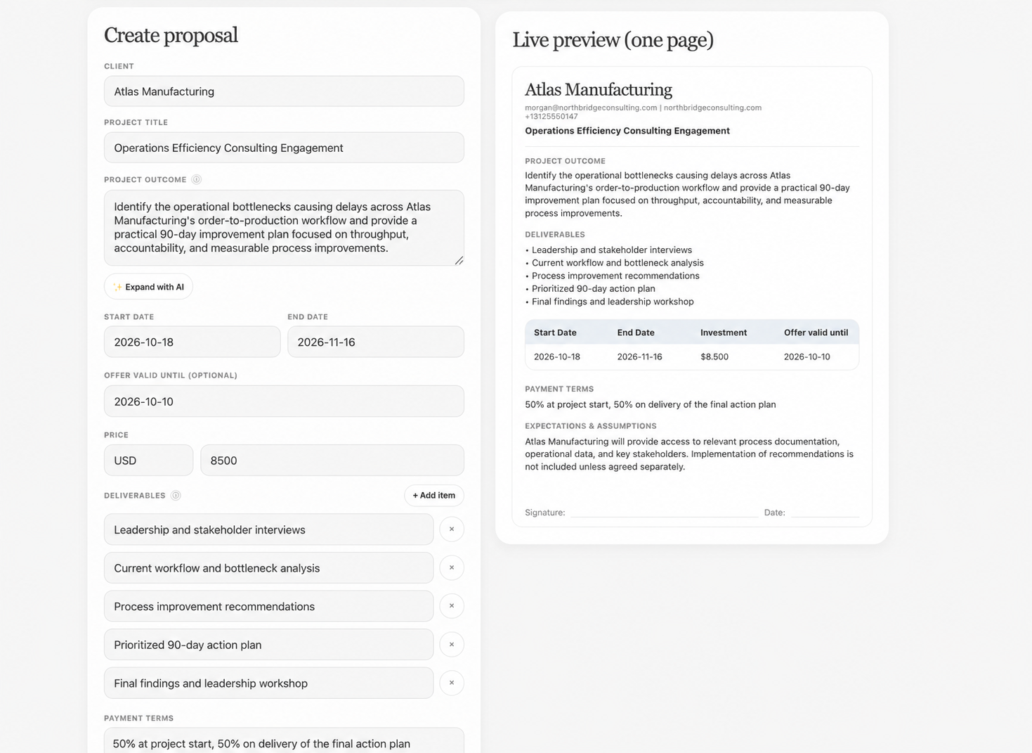 Sanitized CleanProposal app screenshot showing Operations consulting for Atlas Manufacturing