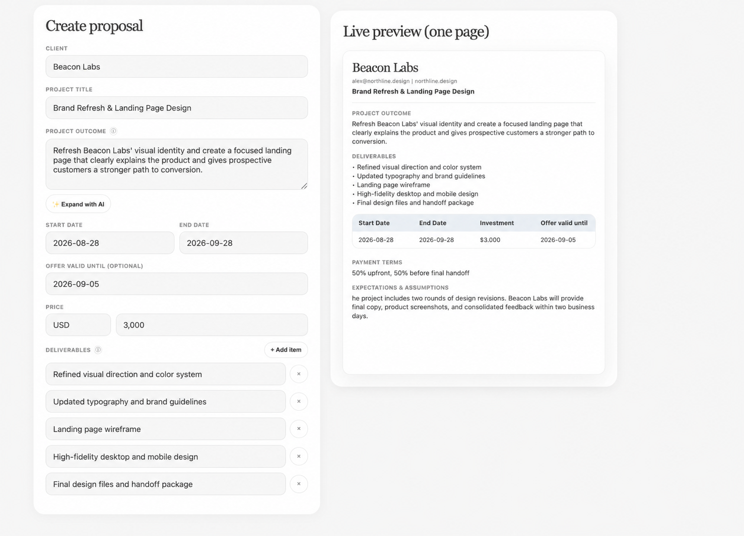 Sanitized CleanProposal app screenshot showing Brand refresh and landing page for Beacon Labs