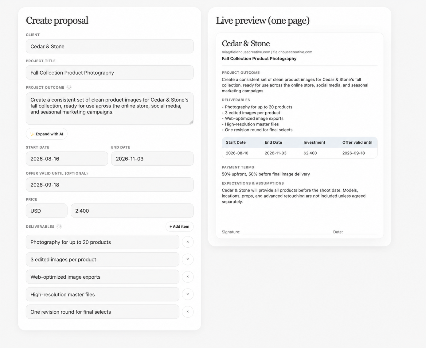Sanitized CleanProposal app screenshot showing Product photography for Cedar & Stone
