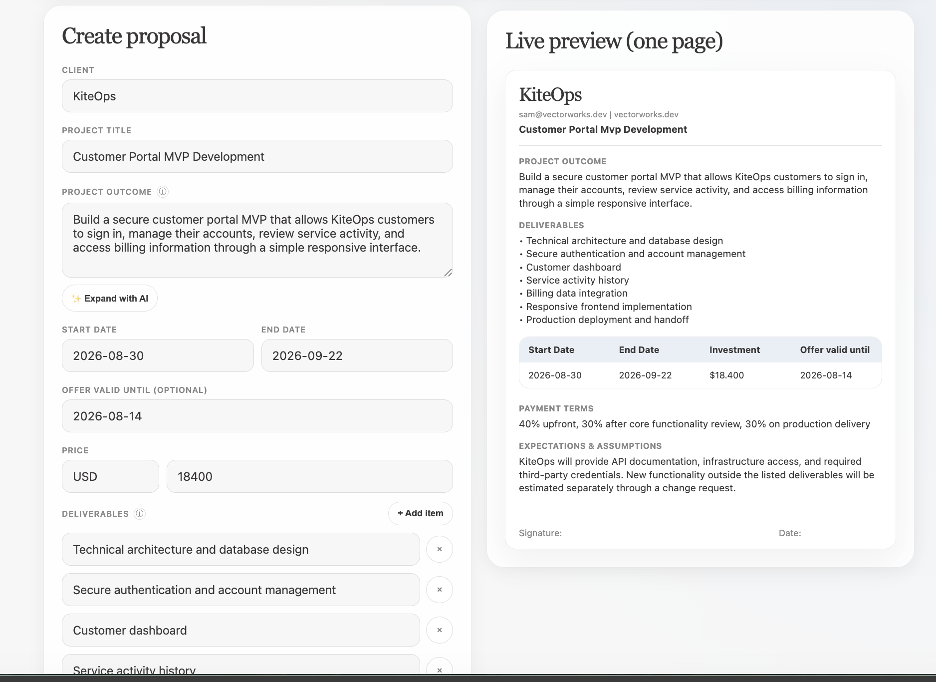 Sanitized CleanProposal app screenshot showing Customer portal MVP for KiteOps